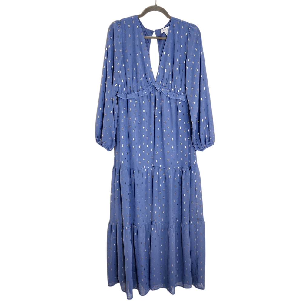 She + Sky Blue and Gold Boho Maxi Dress Size Large Wedding Guest Dress